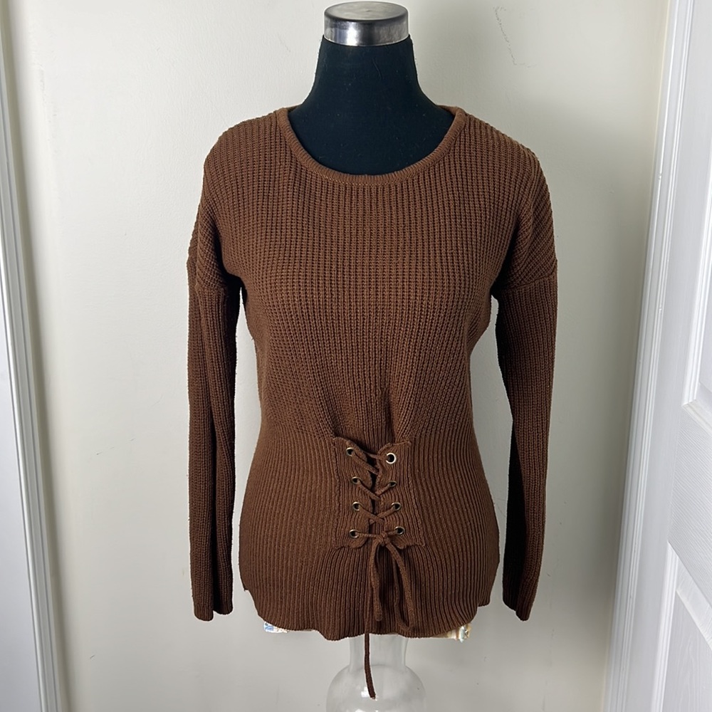 Majora Knit Front Lace Up Brown Sweater Size XL